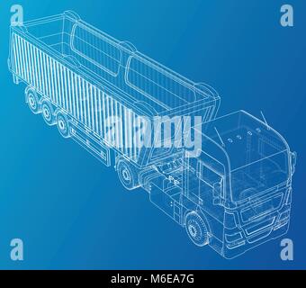 Vektor isometrische Darstellung Lkw oder Traktor mit Kipper Sattelanhänger. Erstellt Abbildung der 3d. Wire-Frame. Stock Vektor