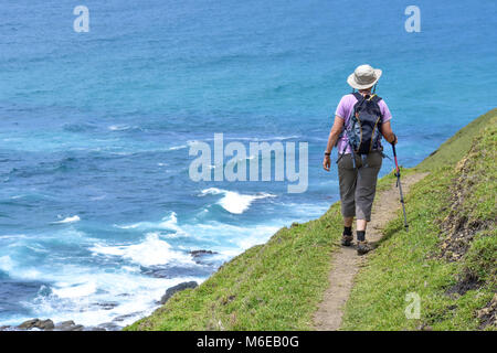 Eine weibliche Wanderer mit einer Wanderung der Pole mit Blick auf die Küstenlinie auf den Spuren von Coffee Bay am Indischen Ozean im östlichen Kap an der wilden Küste Stockfoto