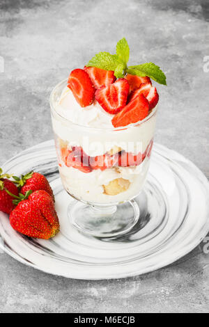 Dessert Tiramisu mit Erdbeeren auf grauem Hintergrund Stockfoto