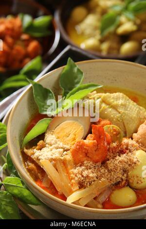 Lontong Cap klicken Sie meh. Die Javanese-Peranakan Reis Kuchen Suppe mit Hähnchen Curry, Chayote Squash Curry Soja, Ei, Garnelen Eintopf, Boden Soja- und Cracker. Stockfoto