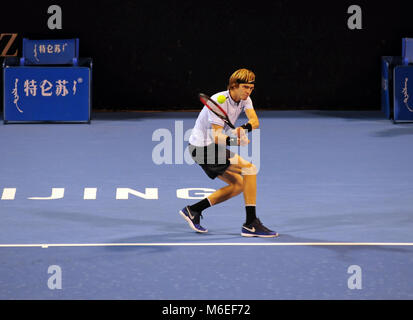 Russlands, Andrej Rublev spielt Jack Socke der USA in die erste Runde der Männer singles am China Open Tennisturnier in Peking, Oktober 2017 Stockfoto