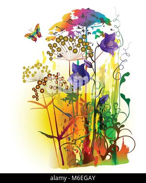 Grußkarte mit tropischen Blumen. Hintergrund für Grußkarten. Digitale Aquarelle Malerei Stock Vektor