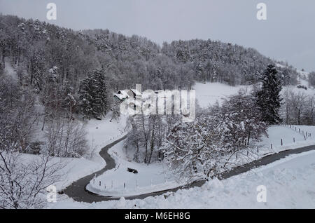 Schneebedeckte Landschaft mit einem homesteade im Winter. Savinjska Region; Stajerska (Steiermark) Slowenien Stockfoto