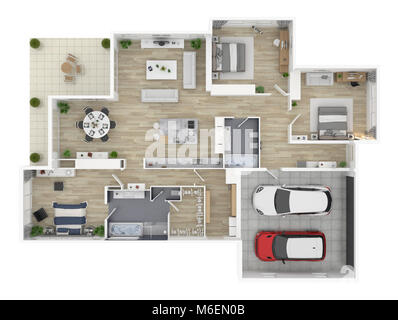 Grundriss eines Hauses Top View 3D-Abbildung. Concept Living Haus Layout öffnen Stockfoto