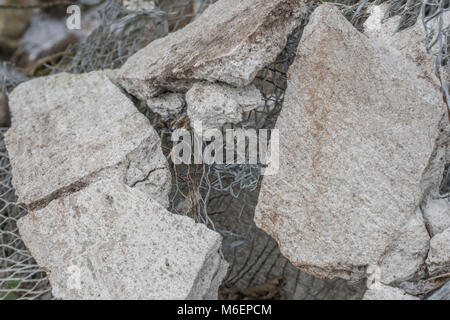 In der Nähe von mesh und Beton bei rubble Pile ist ein Builder. Metapher für in Stücke zerbrochen, in Fetzen, in Stücke zerschlagen. Stockfoto