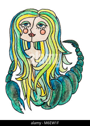 Aquarell pensil Abbildung: Sternzeichen. Scorpio Mädchen mit bunten Haaren. Auf weissem Hintergrund. Stockfoto