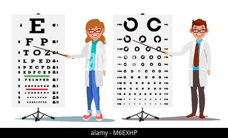 Augenheilkunde Arzt festgelegt. Weiblich, Männlich. Medizinische Auge Diagnose. Auge Test Chart in der Klinik. Die Diagnose der Myopie. Medizin Konzept. Isolierte flache Cartoon Illustration Stock Vektor