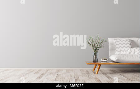 Innenraum der Wohnzimmer mit weißen Sofa, skandinavischen Stil, 3D-Rendering Stockfoto