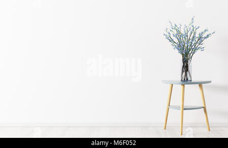 Zimmer mit Hintergrund, Glas Vase mit blauer Blume Niederlassungen auf dem Tisch 3D-Rendering Stockfoto