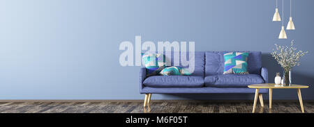 Innenraum der Wohnzimmer mit blauen Sofa, Couchtisch mit Blumenvase und Lampen Panorama 3D-Rendering Stockfoto