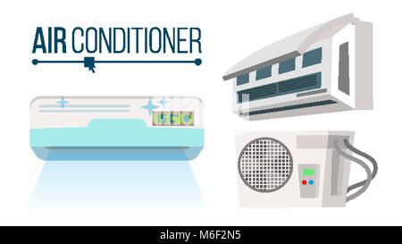Klimaanlage Set Vektor. Verschiedene Arten der Büro-, Privat Conditioner System. Drinnen, Draußen Cartoon flach isoliert Abbildung Stock Vektor