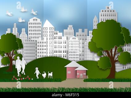 Papier Kunst von Menschen und Haustiere mit Stadt- und Baum auf grünem Hintergrund ökologie Idee, Vector Illustration Stock Vektor