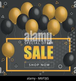 Verkauf Poster mit glänzenden Ballons auf dunklem Hintergrund mit goldenen, glitter Beschriftung und Rahmen Stock Vektor