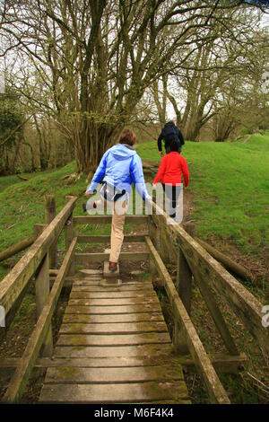 Gruppe der Wanderer zu Fuß über Holzsteg und Holm beim Gehen auf der Offa's Dyke lange Distanz nationalen Wanderweg Wanderweg in der Nähe von Knighton Powys Stockfoto