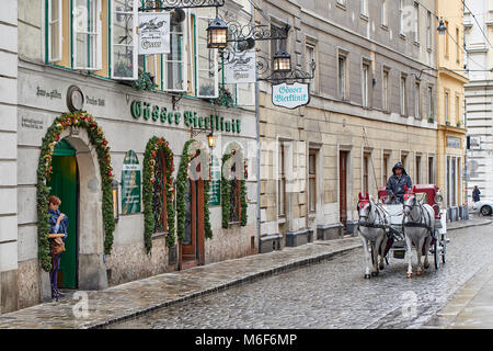 Gösser Bierklinik, das älteste Restaurant in Wien, Steindlgasse, Kutsche, nähert sich der gepflasterten Straße Stockfoto