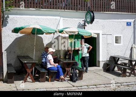 Linda und Gäste Wein trinken und die Unterhaltung mit einem Winzer (Heuriger) Römerquelle am Stammersdorfer Kellergasse Straße in Wien Stockfoto