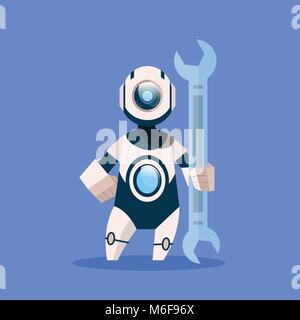 Roboter Holding Schraubenschlüssel Cyborg isoliert auf blauem Hintergrund Konzept moderne Künstliche Intelligenz Technologie Stock Vektor