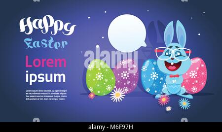 Grußkarte mit niedlichen Osterhasen und bunte Eier, Funny Bunny Happy Holiday Poster Stock Vektor