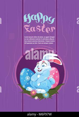 Frohe Ostern Hintergrund niedlichen Kaninchen Holding bemalte Eier Dekoration Poster Design oder Grußkarte Stock Vektor