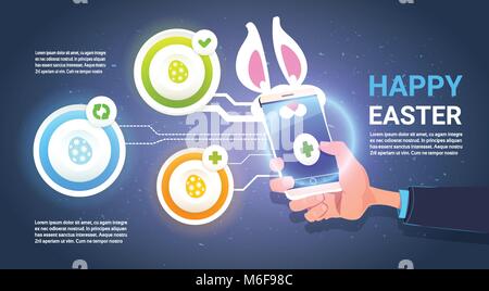 Frohe Ostern Infografik Hintergrund mit Hand halten Smart Phone mit Hasenohren über Template Elemente Stock Vektor