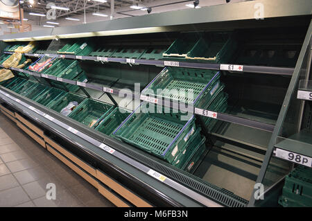 Post Schnee, niedrige Bestände in den Regalen der Supermärkte in Tesco Fforestfach Stockfoto