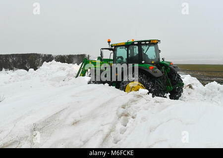 Compton Valence, Dorset, Großbritannien. 3. März 2018. UK Wetter. Eine Fremdfirma mit Traktor und Digger attachment Löschen des letzten der Straßen gesperrt durch Schneeverwehungen von Strom Emma auf Eggardon Hill in der Nähe von West Compton in Dorset. Ist der Schnee zu tauen beginnt mit die meisten Felder fast Schnee frei, aber die Drifts entlang der Straßen und Plätze sind 4-5 Meter hoch. Foto: Graham Jagd Fotografie Credit: Graham Jagd-/Alamy leben Nachrichten Stockfoto