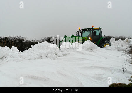 Compton Valence, Dorset, Großbritannien. 3. März 2018. UK Wetter. Eine Fremdfirma mit Traktor und Digger attachment Löschen des letzten der Straßen gesperrt durch Schneeverwehungen von Strom Emma auf Eggardon Hill in der Nähe von West Compton in Dorset. Ist der Schnee zu tauen beginnt mit die meisten Felder fast Schnee frei, aber die Drifts entlang der Straßen und Plätze sind 4-5 Meter hoch. Foto: Graham Jagd Fotografie Credit: Graham Jagd-/Alamy leben Nachrichten Stockfoto