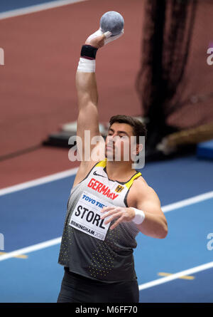 Birmingham, Großbritannien. 3. März 2018. IAAF World Indoor Championships. Deutsche shot Putter David Storl in Aktion. Storl würde fortfahren, Silber zu gewinnen. Foto: Sven Hoppe/dpa Quelle: dpa Picture alliance/Alamy leben Nachrichten Stockfoto