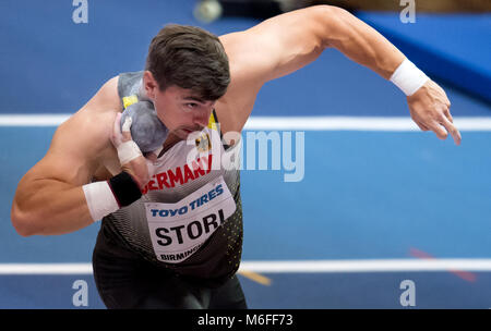 Birmingham, Großbritannien. 3. März 2018. IAAF World Indoor Championships. Deutsche shot Putter David Storl in Aktion. Storl würde fortfahren, Silber zu gewinnen. Foto: Sven Hoppe/dpa Quelle: dpa Picture alliance/Alamy leben Nachrichten Stockfoto