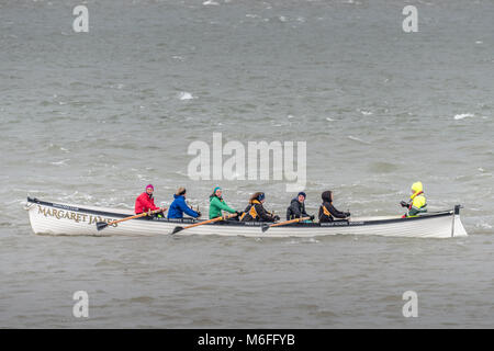 UK Wetter - Appledore Damen Gig Crew trotzen dem Kabbeligen Bedingungen auf dem Fluss Torridge nach Sturm Emma in North Devon. Stockfoto