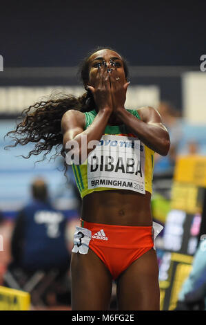 März 3, 2018: Genzebe Dibaba von Äthiopien gewann 1500 Meter bei World indoor Leichtathletik Meisterschaft 2018, Birmingham, England. Ulrik Pedersen/CSM Stockfoto