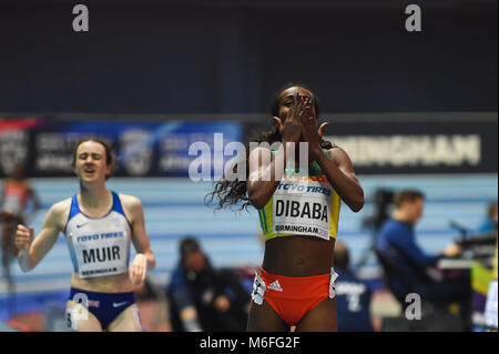 März 3, 2018: Genzebe Dibaba von Äthiopien gewann 1500 Meter bei World indoor Leichtathletik Meisterschaft 2018, Birmingham, England. Ulrik Pedersen/CSM Stockfoto