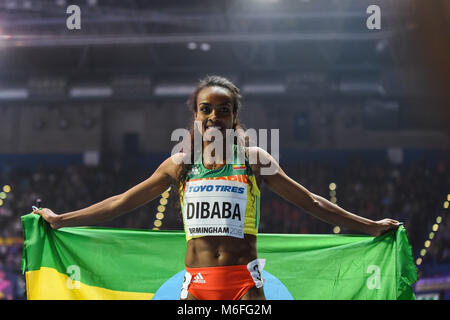 März 3, 2018: Genzebe Dibaba von Äthiopien gewann 1500 Meter bei World indoor Leichtathletik Meisterschaft 2018, Birmingham, England. Ulrik Pedersen/CSM Stockfoto