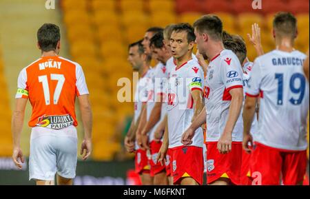 Brisbane, Australien. 3. März, 2018. Eine Liga australische Mens professionelle Fußball vom 3. März 2018. Suncorp Stadium Brisbane Australien. Brisbane Roar FC V Adelaide Vereinen FC. Mit der S-L Archer. Brisbane Roar gewann das Match mit 1:0 Quelle: slapics/Alamy leben Nachrichten Stockfoto