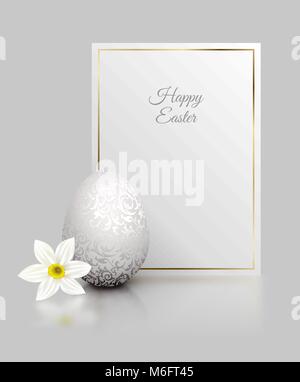 Weiße Farbe realistische Ei mit silber metallic Blumenmuster und Frohe Ostern Karte goldene Rahmen. Weiße narzisse Blume auf hellgrauem Hintergrund Stock Vektor