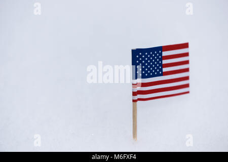 Kleine Vereinigten Staat von Amerika Flagge aus Papier mit braunen Zahnstocher auf weißem Schnee Hintergrund. Stockfoto