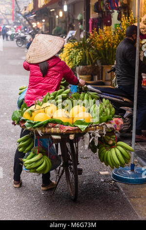 Eine Frau trägt Früchte in Körben zu Ihrem Fahrrad in Hanoi, Vietnam gegurtet Stockfoto
