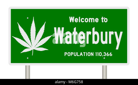 Rendering von einem grünen Hinweisschild mit Marihuana Blatt für Waterbury Connecticut Stockfoto