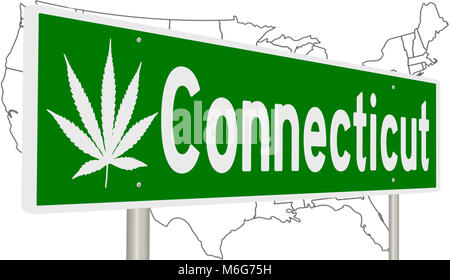 Rendering von einem grünen Hinweisschild mit Marihuana Blatt für Connecticut Stockfoto