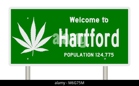 Rendering von einem grünen Hinweisschild mit Marihuana Blatt für Hartford, Connecticut Stockfoto