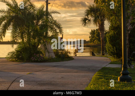 USA, Florida, Mount Dora, solnedgång, Pir, sjö, Semester, njuta, stillhet, lila, parkbänk, personer, Sonnenuntergang, Pier, See, Urlaub, genießen, Stille, purp Stockfoto