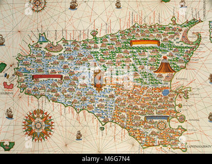 Insel Sizilien. Portolan chart von Joan Martines, Spanisch Kartograph der Mallorquinischen kartographischen Schule (16. Jahrhundert). Manuskript von 19 Doppel-folio Karten. Messina, Sizilien, 1587. Nationalbibliothek, Madrid, Spanien. Stockfoto