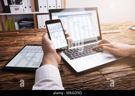 Nahaufnahme der Kaufmann Hand mit Smartphone beim Analysieren des Gantt-diagramms auf Laptop Stockfoto
