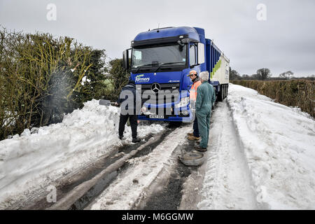 Männer mit Schaufeln sich ein Lkw im Schnee auf Draycott Hotel in der Nähe fest, um zu versuchen, zwischen Draycot Foliat und Ogbourne St George, in der Nähe von Marlborough, Wiltshire, wo die Straße als Ablenkung Route durch die 346 übrigen Eingeschneit verwendet wird. Stockfoto