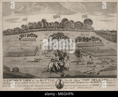 Eine korrekte Sicht der Schlacht in der Nähe der Stadt New Orleans; am 8. Januar 1815; unter dem Kommando von General Andrew Jackson; über 10, 000 britische Truppen, in denen 3 ihrer vornehmsten Generäle wurden getötet; und mehrere Verletzte und ab 3; 000 Ihrer auserwählten Soldaten wurden getötet, verwundet, und machte Gefangener - britische Truppen vorrücken über offenes Gelände in Richtung der amerikanischen Truppen hinter Erdarbeiten im Hintergrund, während der Schlacht von New Orleans; im Vordergrund; tödlich verwundet britischen General Edward Pakenham wird von seinen Offizieren statt. Mit cameo Portrait einer Stockfoto