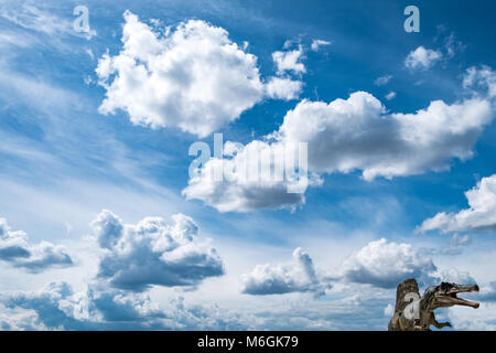 Blauer Himmel mit verschiedenen Arten von Zirrus- und Cumuluswolken mit Spinosaurus als Hintergrund Stockfoto