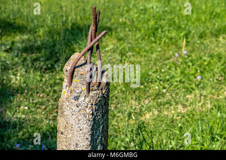 Fragment einer konkreten Säule auf dem Hintergrund von Gras Stockfoto