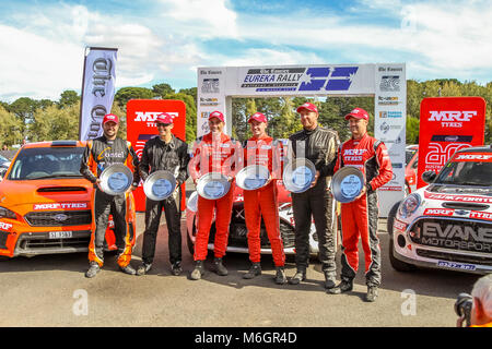 Nocken australische Meisterschaften - Eureka Rally 2018 Podium Cams-ARC-Podium 2018 - J.McCarthy, H. Bates, M. Potter, S. Glenney, B. Searcy, E. Evans. Credit: Brett Keating/Alamy leben Nachrichten Stockfoto