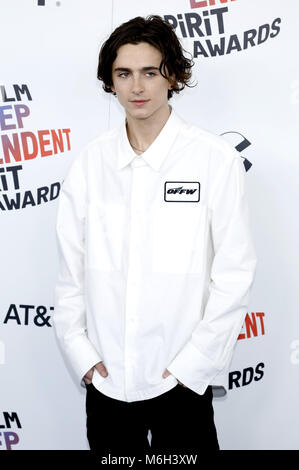 Santa Monica, Kalifornien. 3 Mär, 2018. Timothee Chalamet die Teilnahme an der 33. jährlichen Film Independent Spirit Awards 2018 Am 3. März 2018 in Santa Monica, Kalifornien. | Verwendung der weltweiten Kredit: dpa/Alamy leben Nachrichten Stockfoto