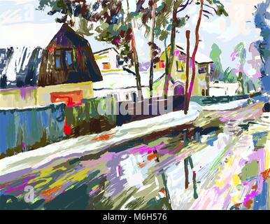 Digitale Malerei Artwork von Dorf Winterlandschaft Stock Vektor
